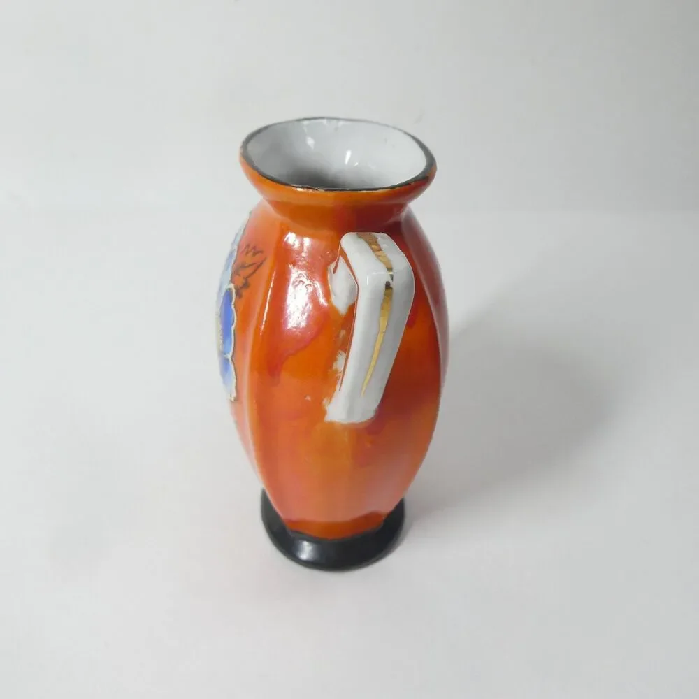 Orange Vase Blue Flowers Art Deco Japan Vintage Porcelain 3.75